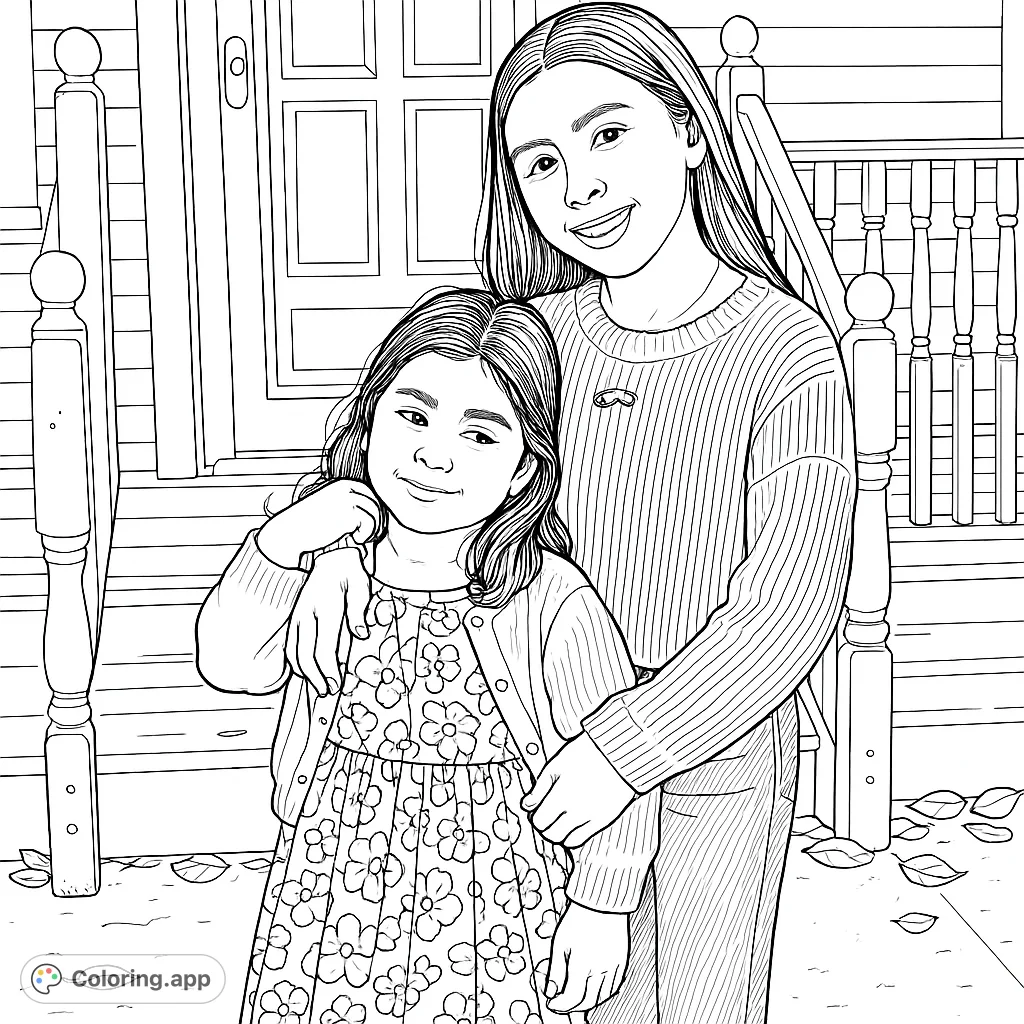 A heartwarming scene featuring two smiling girls on a porch, capturing a sweet bond. Perfect for coloring and celebrating family connections.