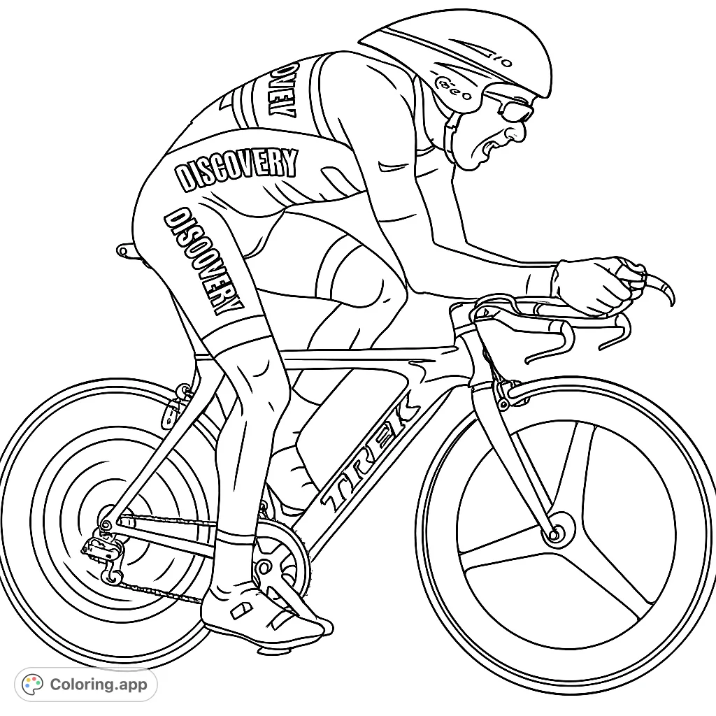 Capture the thrill of competitive cycling with this detailed coloring page of an athlete in full race gear on a high-performance bicycle, ready for speed.