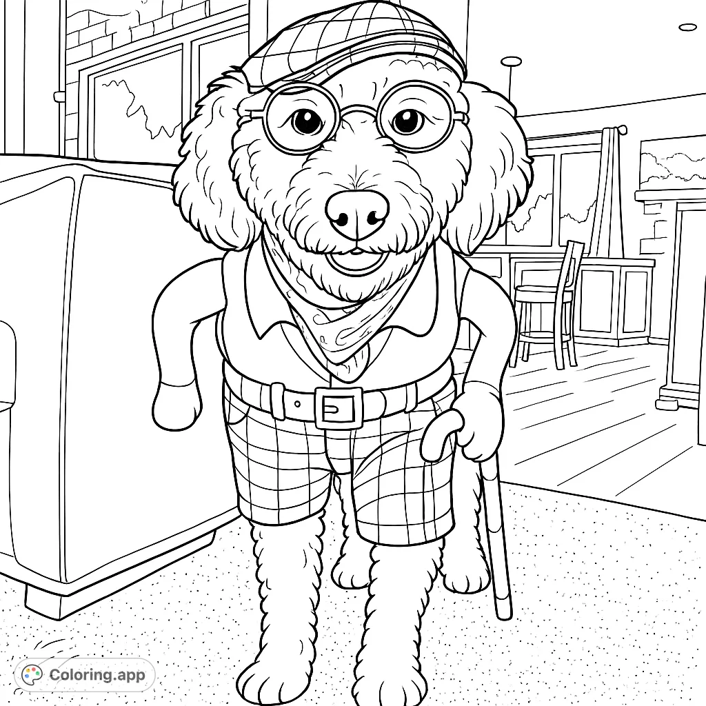 A charming, shaggy dog dressed in a professor-like costume with a plaid cap, spectacles, vest, and walking stick, standing confidently indoors. A fun and unique pet coloring page.