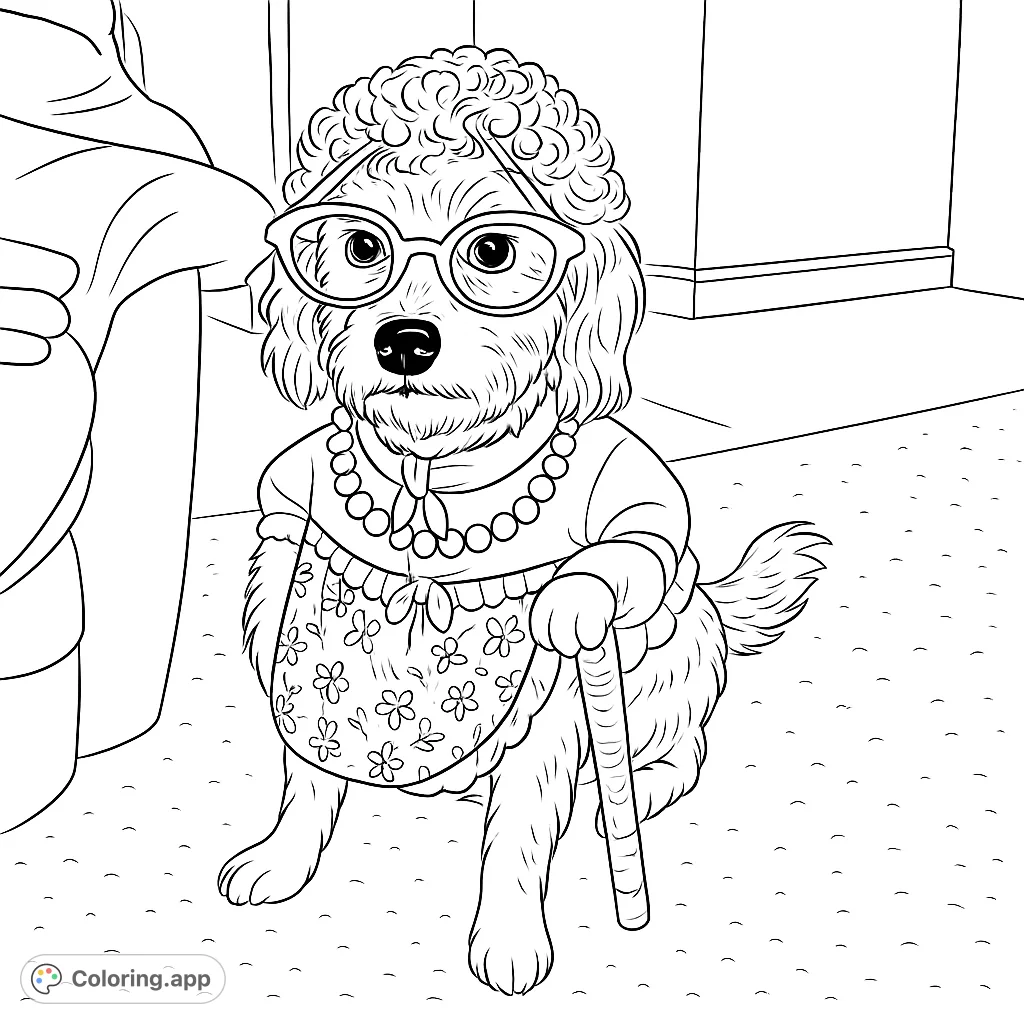 A charming dog in a detailed "grandma" costume, complete with a curly wig, spectacles, a floral dress, and a walking stick. A fun and whimsical scene.