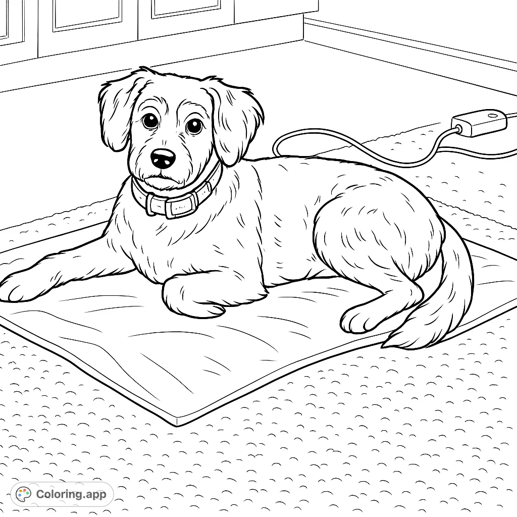 A charming dog resting peacefully on its mat, showcasing detailed fur and a calm demeanor. This page offers a delightful and serene coloring experience for all ages.