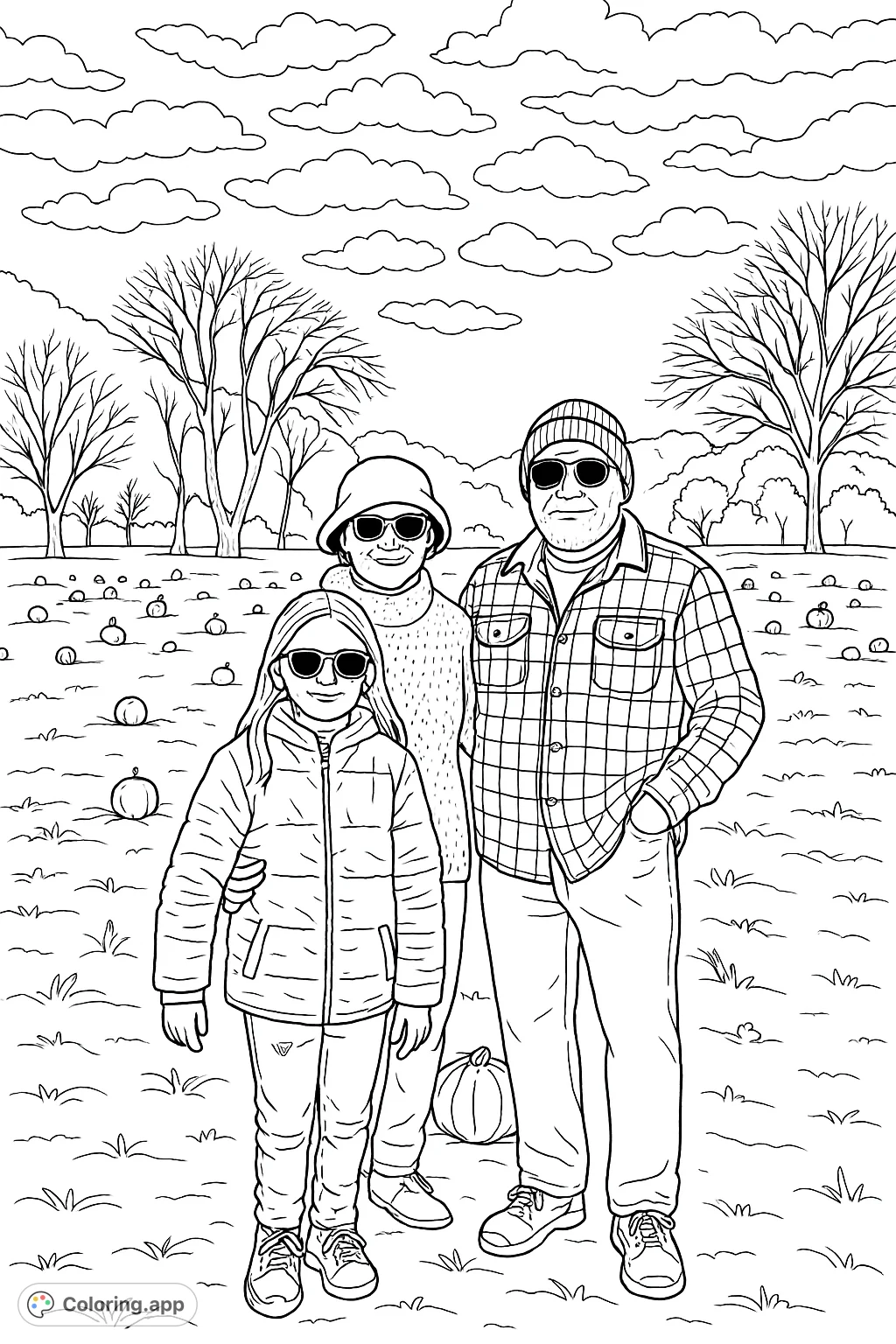 A heartwarming family scene at a pumpkin patch with a girl, woman, and man, surrounded by gourds and autumn trees. Perfect for fall-themed coloring fun!