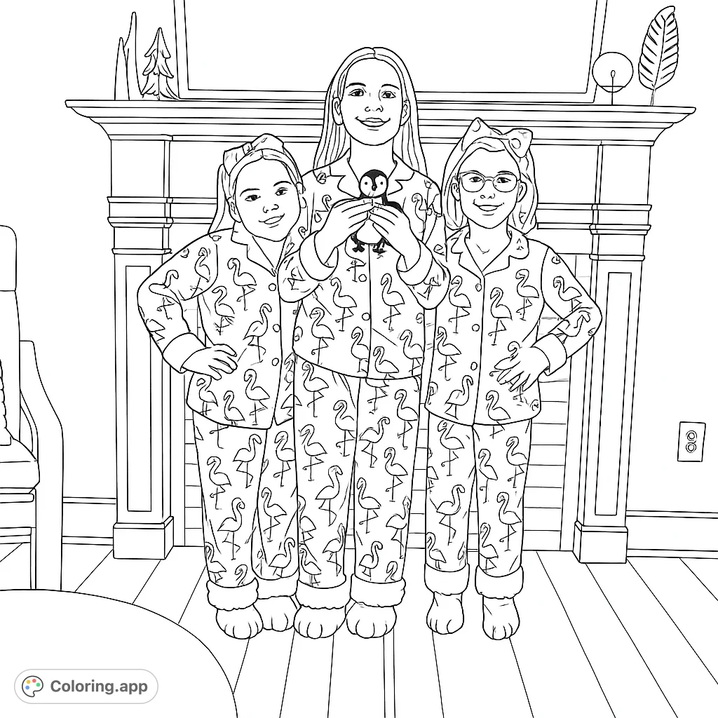 Three cheerful girls in patterned pajamas, complete with candy canes and bows, pose by a fireplace. A cozy and fun scene perfect for holiday coloring.