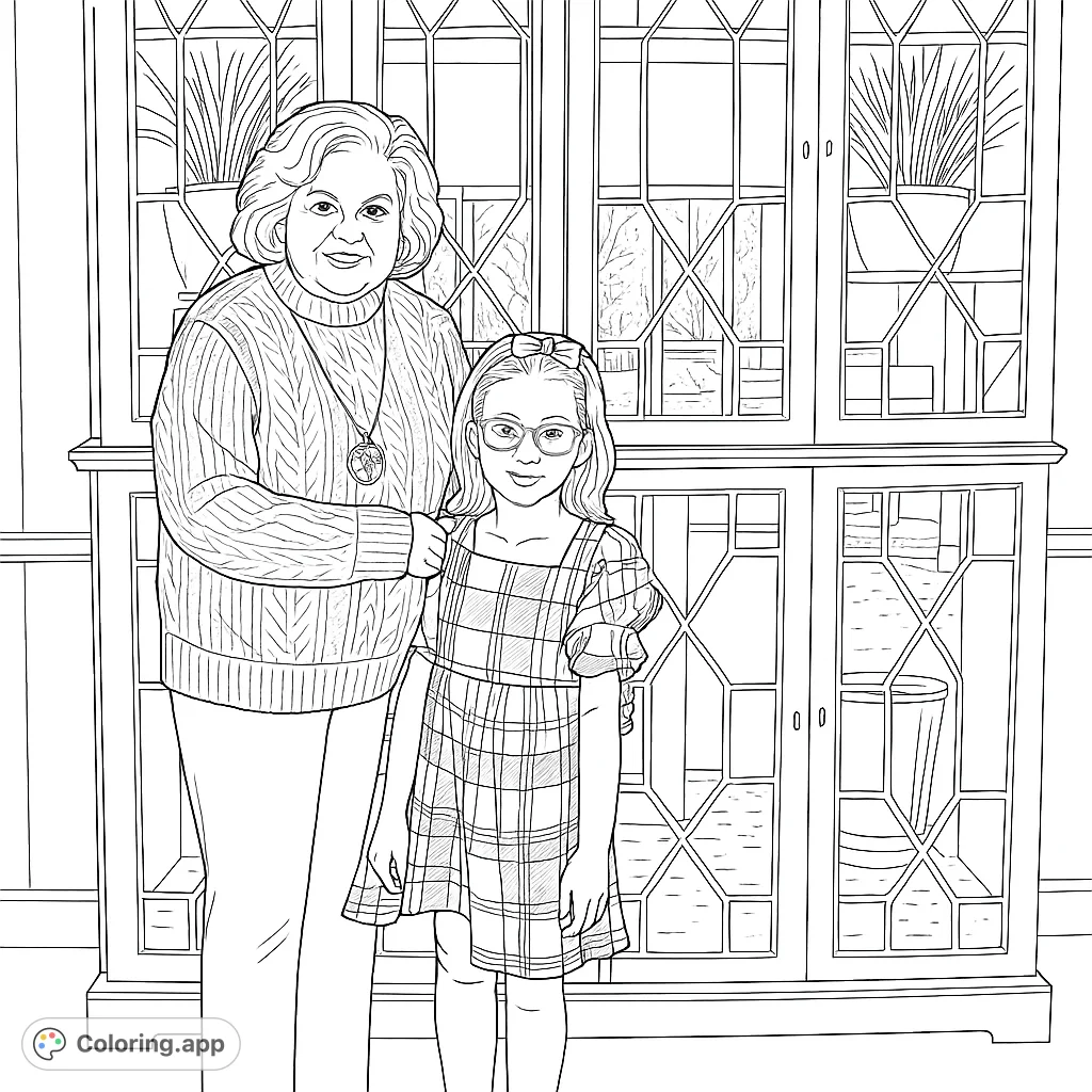 A heartwarming scene of an older woman embracing a young girl in front of an elegant display cabinet. Perfect for celebrating family bonds and creativity!