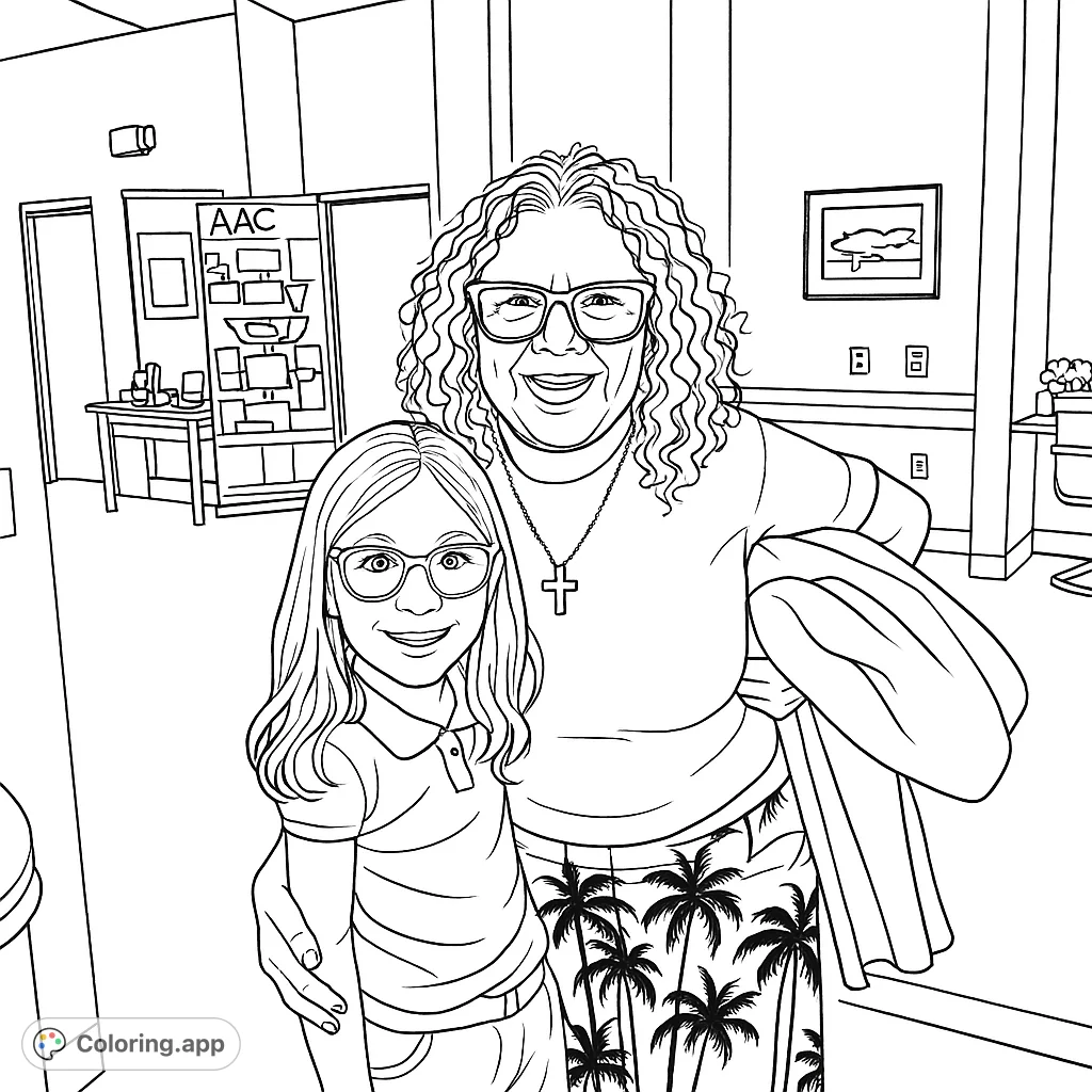 A heartwarming coloring page featuring an adult woman and a young girl in an office setting, surrounded by professional details and interesting patterns.