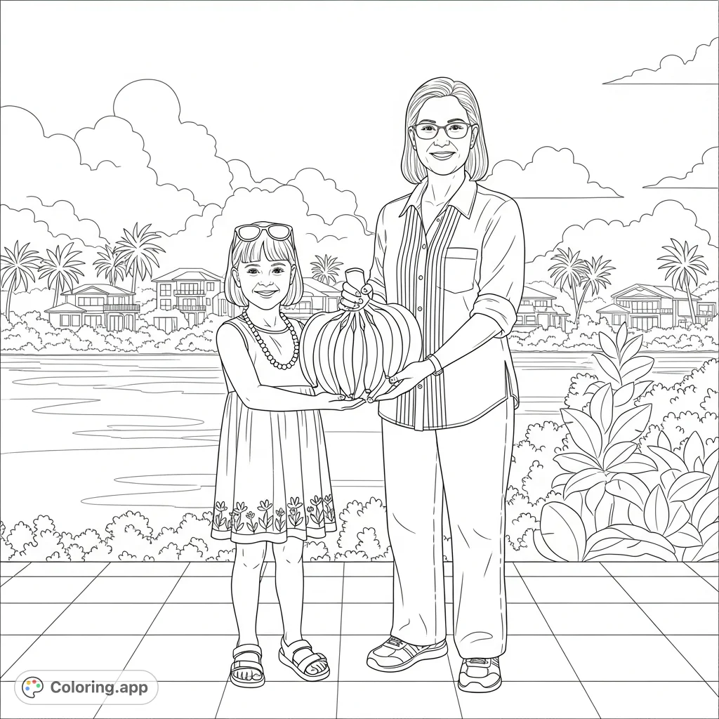 A heartwarming tropical scene featuring a girl and a woman proudly holding a banana bunch, set against a backdrop of water, palm trees, and houses. Perfect for all ages.