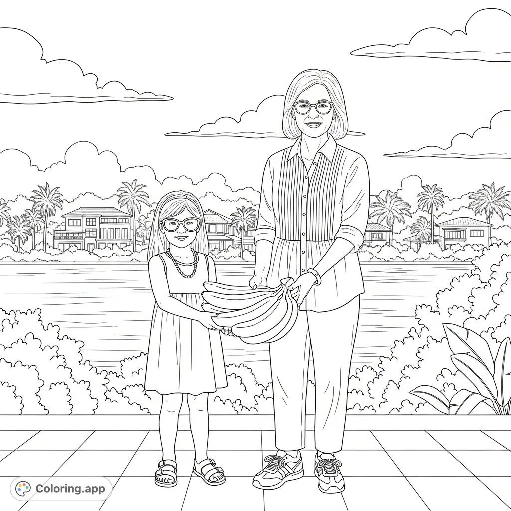 A delightful family portrait featuring a girl and woman holding a substantial banana bunch on a tiled patio, with a serene waterscape and distant tropical houses.