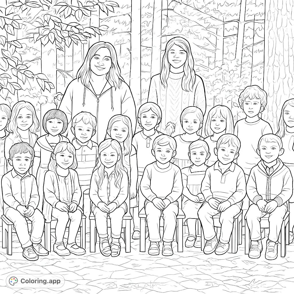 A heartwarming group portrait of two teachers with their class of young children, posed outdoors amidst a natural, wooded setting.