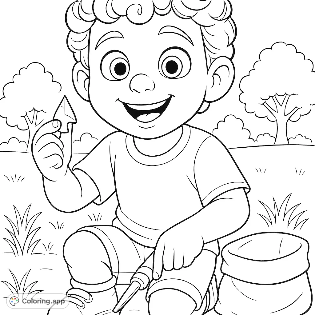 A cheerful boy discovers a unique stone artifact while gardening outdoors. This engaging coloring page captures childhood curiosity and adventure.