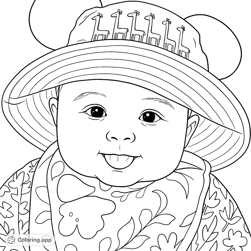 Capture the endearing charm of a baby in a whimsical hat and floral bib. A delightful baby coloring page perfect for all ages and skill levels.