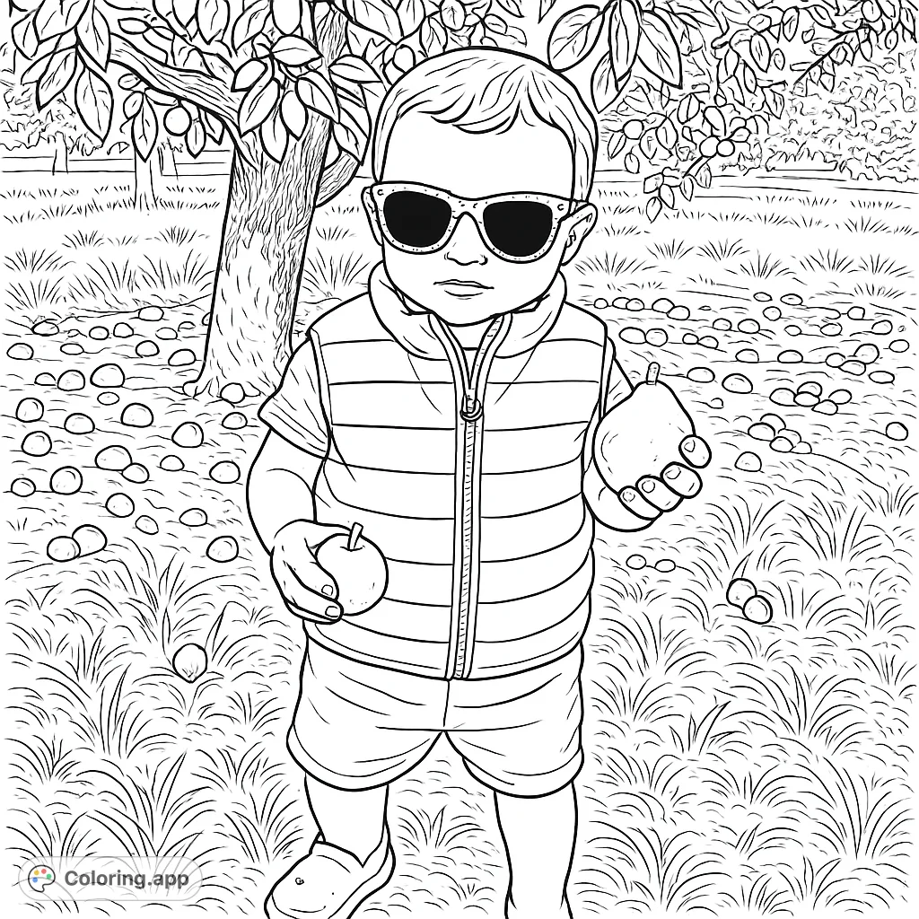 A delightful orchard scene featuring a child holding fresh fruit, ready for a playful coloring adventure in a rustic, natural setting.