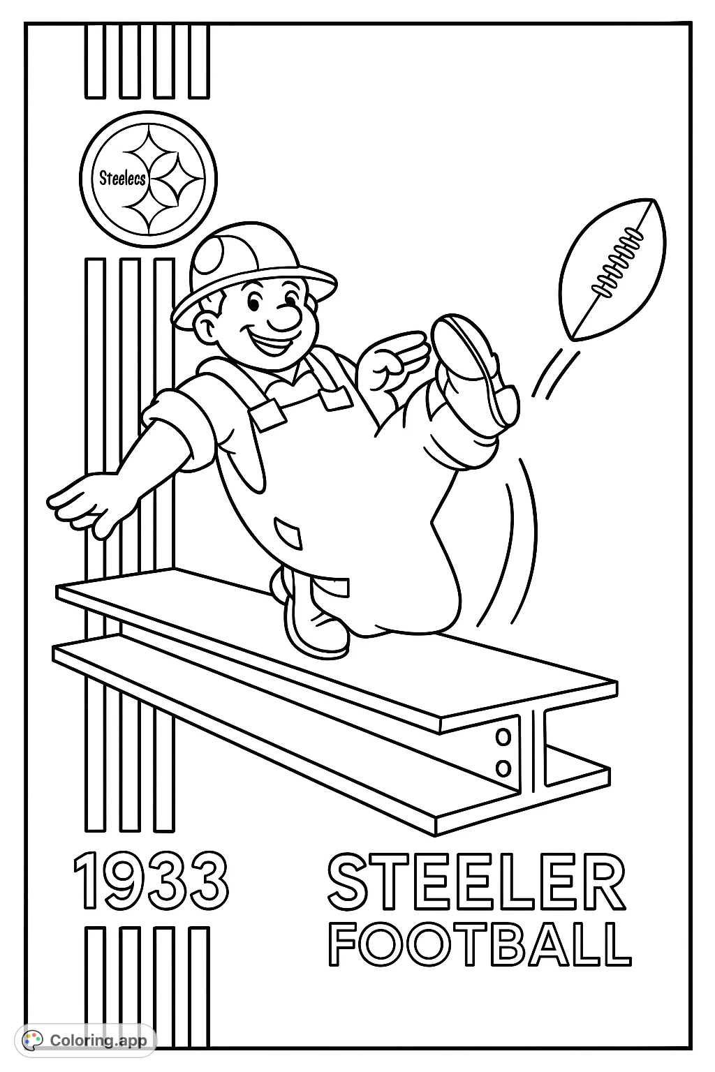 Kick off fun with this industrial football hero coloring page! Features a cheerful mascot, I-beam, football, and historical text.
