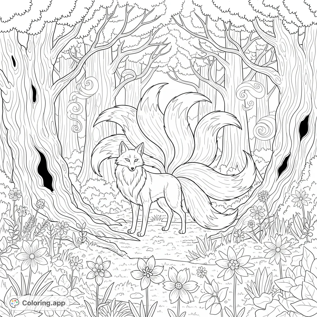 An enchanting kitsune stands gracefully in a mystical forest, surrounded by ancient trees and uniquely glowing flowers. A captivating fantasy scene.