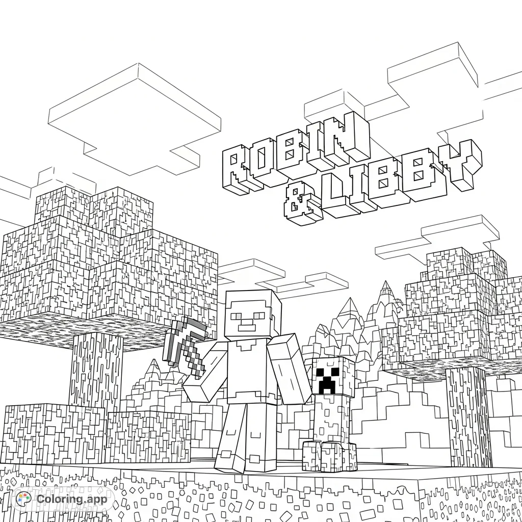 Explore a blocky Minecraft world with Steve, a Creeper, and personalized names 'Robin & Libby'. Perfect for gamers and creative adventurers.