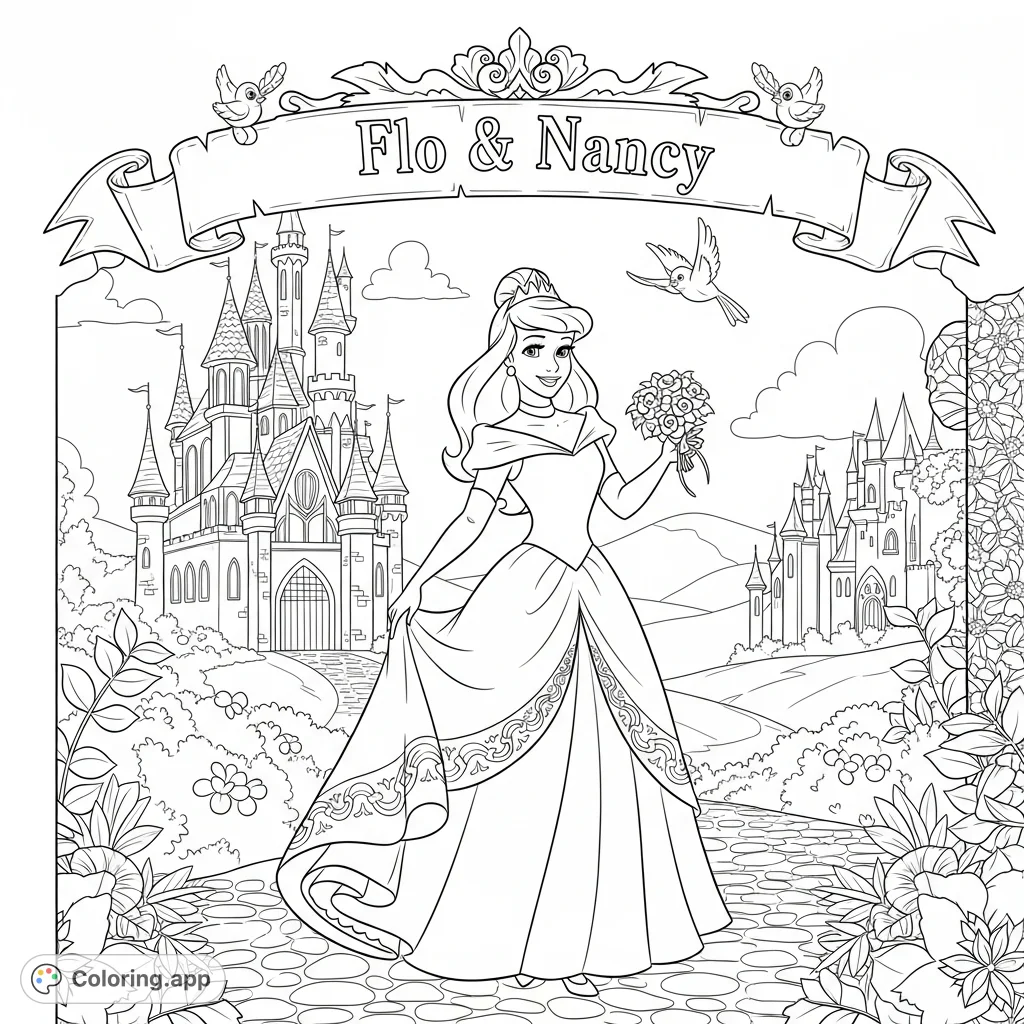 An enchanting Disney princess stands before a grand castle, holding a bouquet. Features the names 'Flo & Nancy' for a personalized touch.