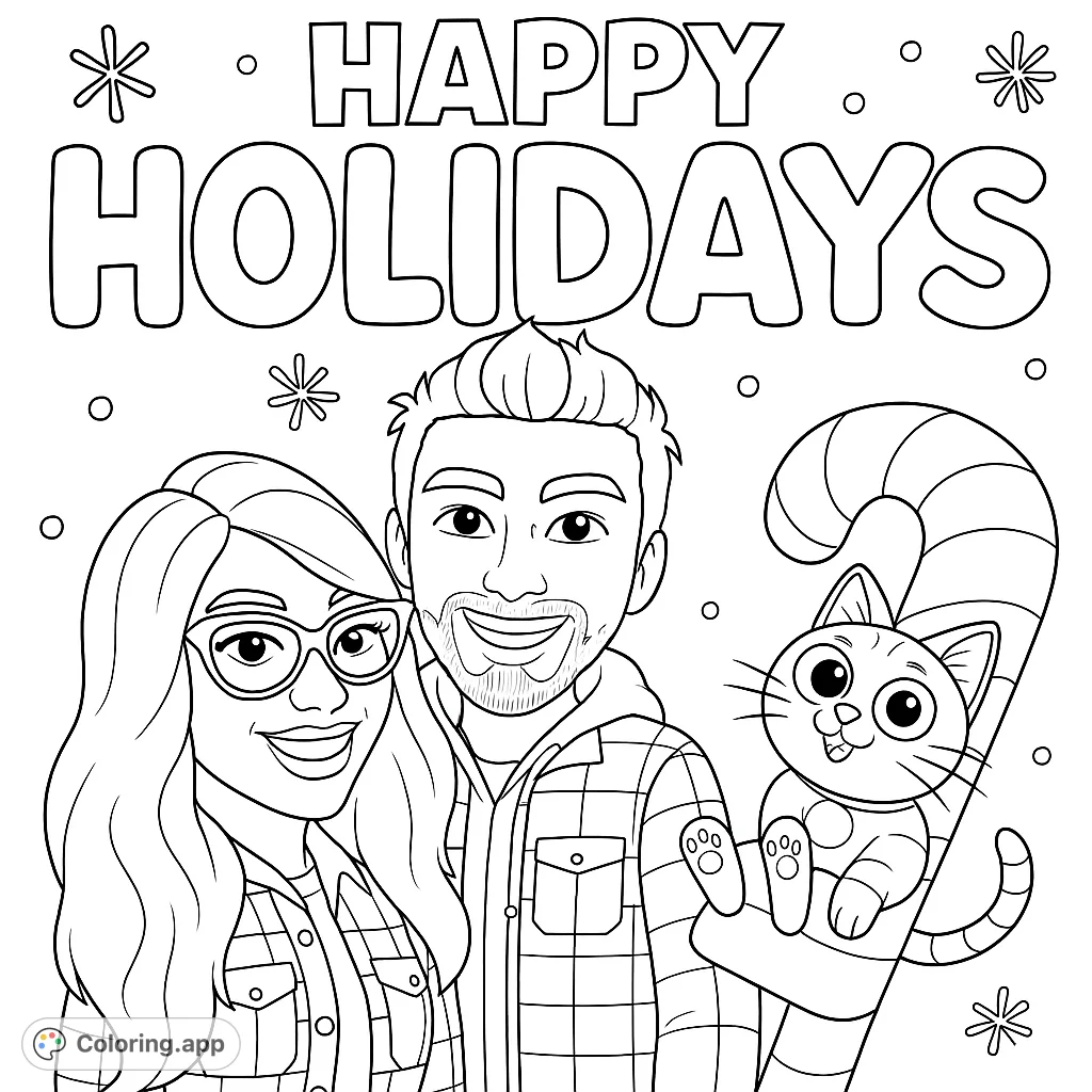 Celebrate the season with a cheerful holiday coloring page featuring two smiling figures, a playful cat, and festive candy cane. Perfect for seasonal fun!
