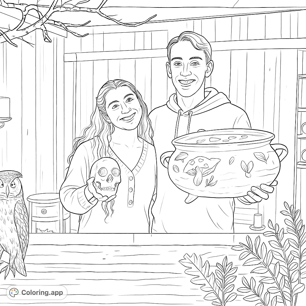An engaging witch hunt coloring page featuring two adventurers, a skull, and a magic cauldron prop. A free printable coloring page perfect for teens and adults.