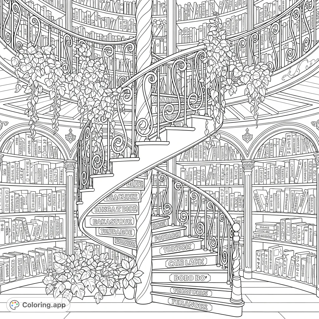 Explore a magical library with a grand spiral staircase, lush plants, and whimsical book titles waiting to be brought to life with your colors.