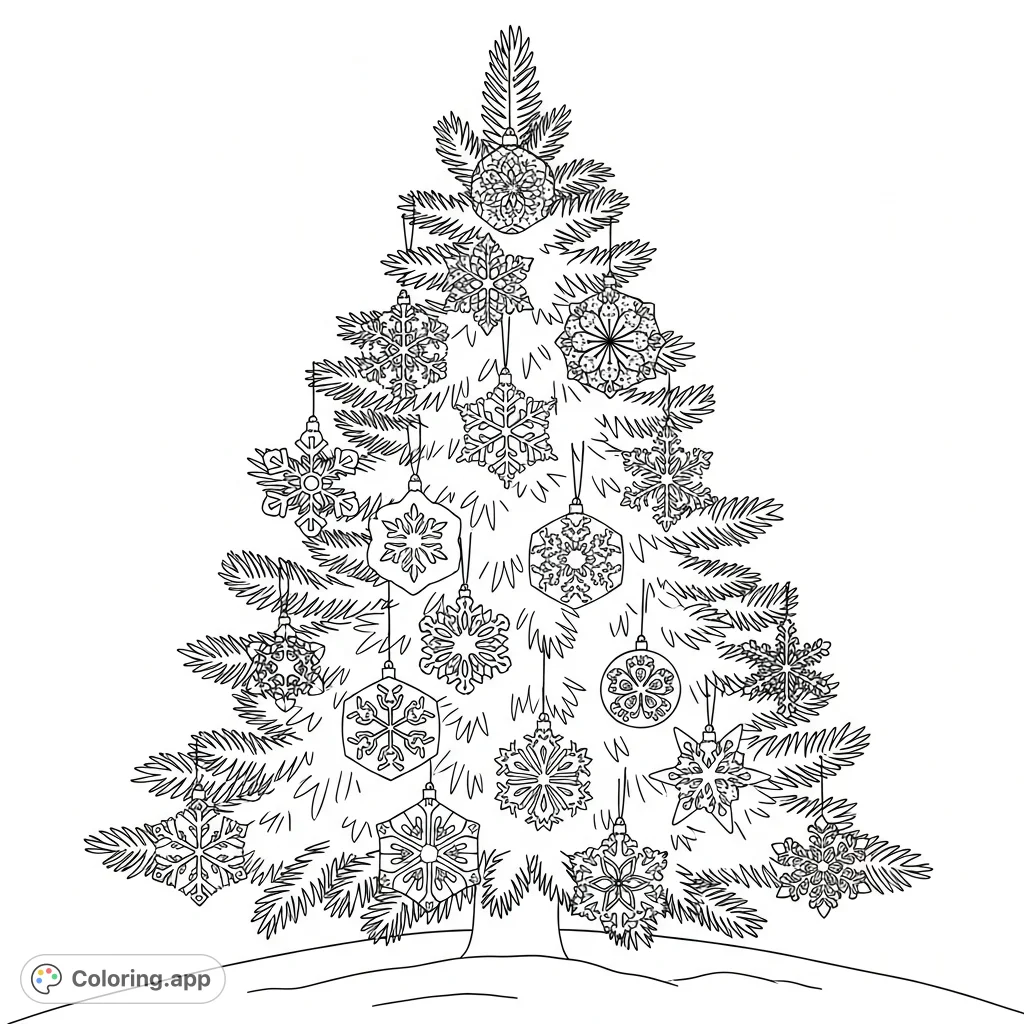 A beautiful Christmas tree adorned with intricate snowflake ornaments, perfect for a festive coloring experience. A charming free printable Christmas tree coloring page.
