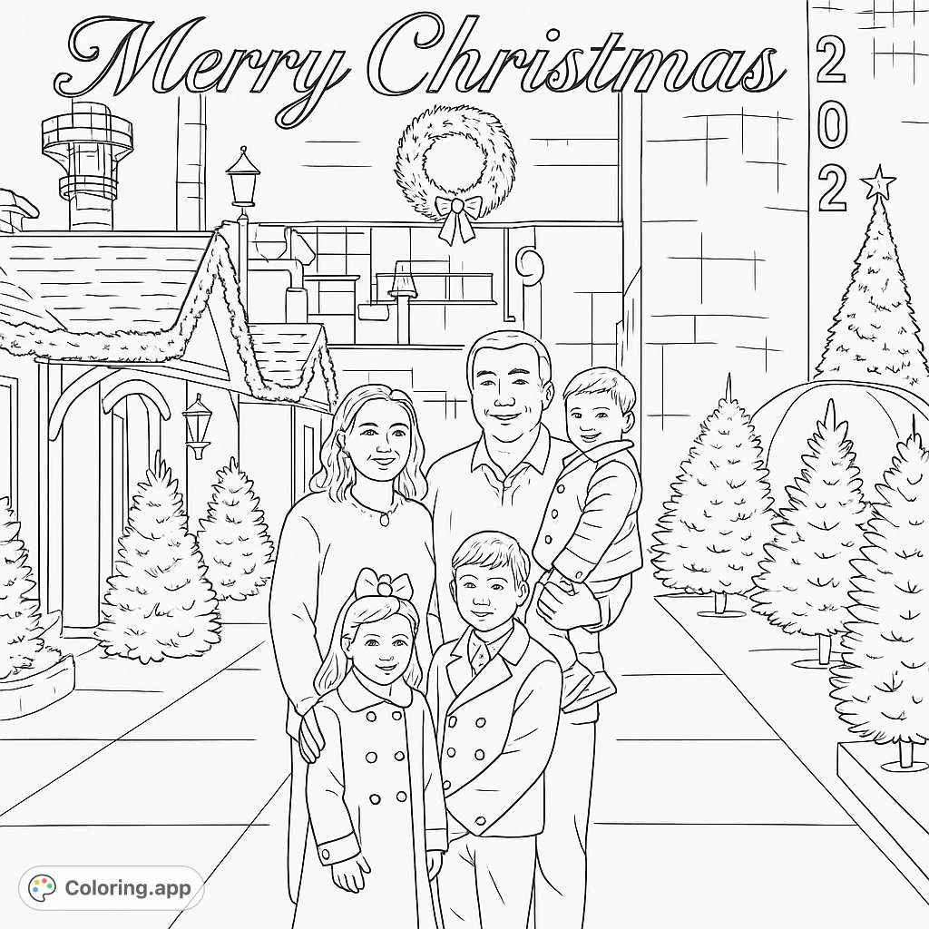 Capture holiday joy with this family portrait set against a festive backdrop of industrial architecture and decorated evergreen trees. Perfect for seasonal coloring.