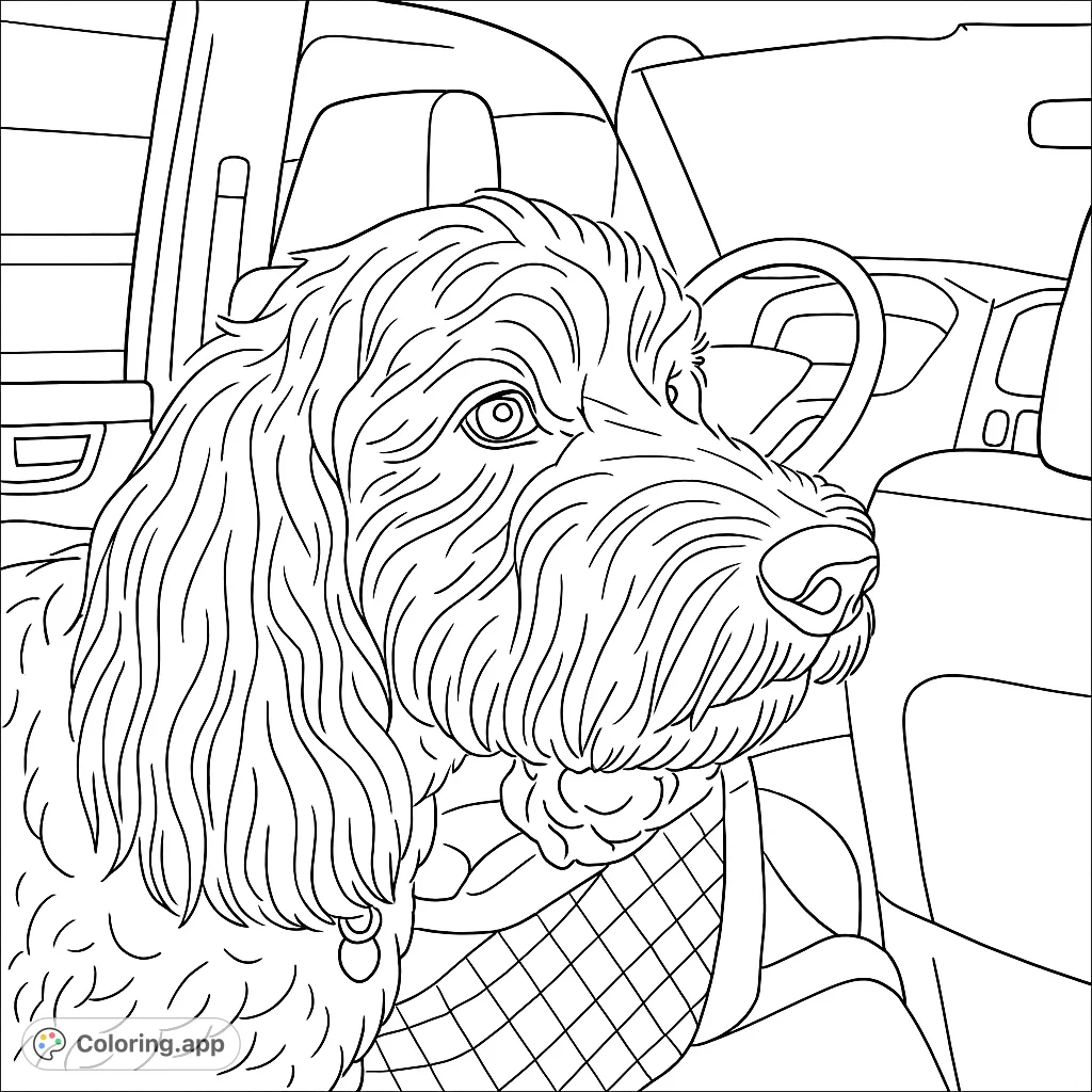 A heartwarming coloring page featuring a shaggy dog on a car ride, looking out with curious eyes. Perfect for pet lovers to bring to life with creative colors.