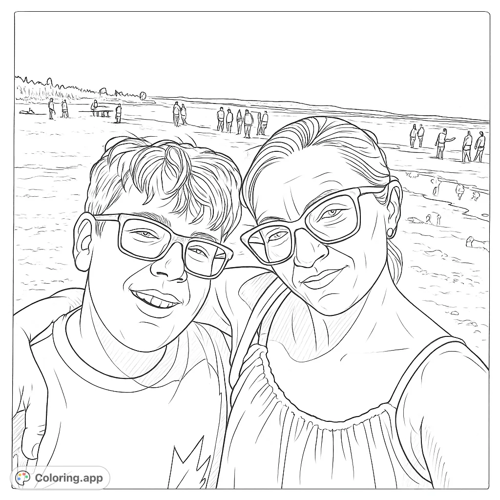 Capture a heartwarming family beach day moment with this free printable coloring page. Features a smiling duo against a lively shoreline backdrop.