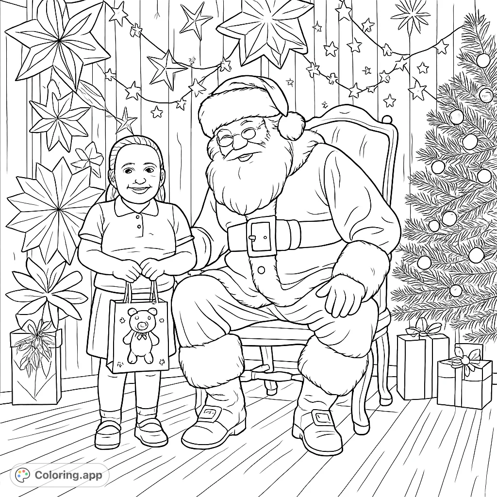 A heartwarming holiday scene featuring Santa Claus seated in his chair with a cheerful child holding a gift, surrounded by festive decorations and a grand Christmas tree.