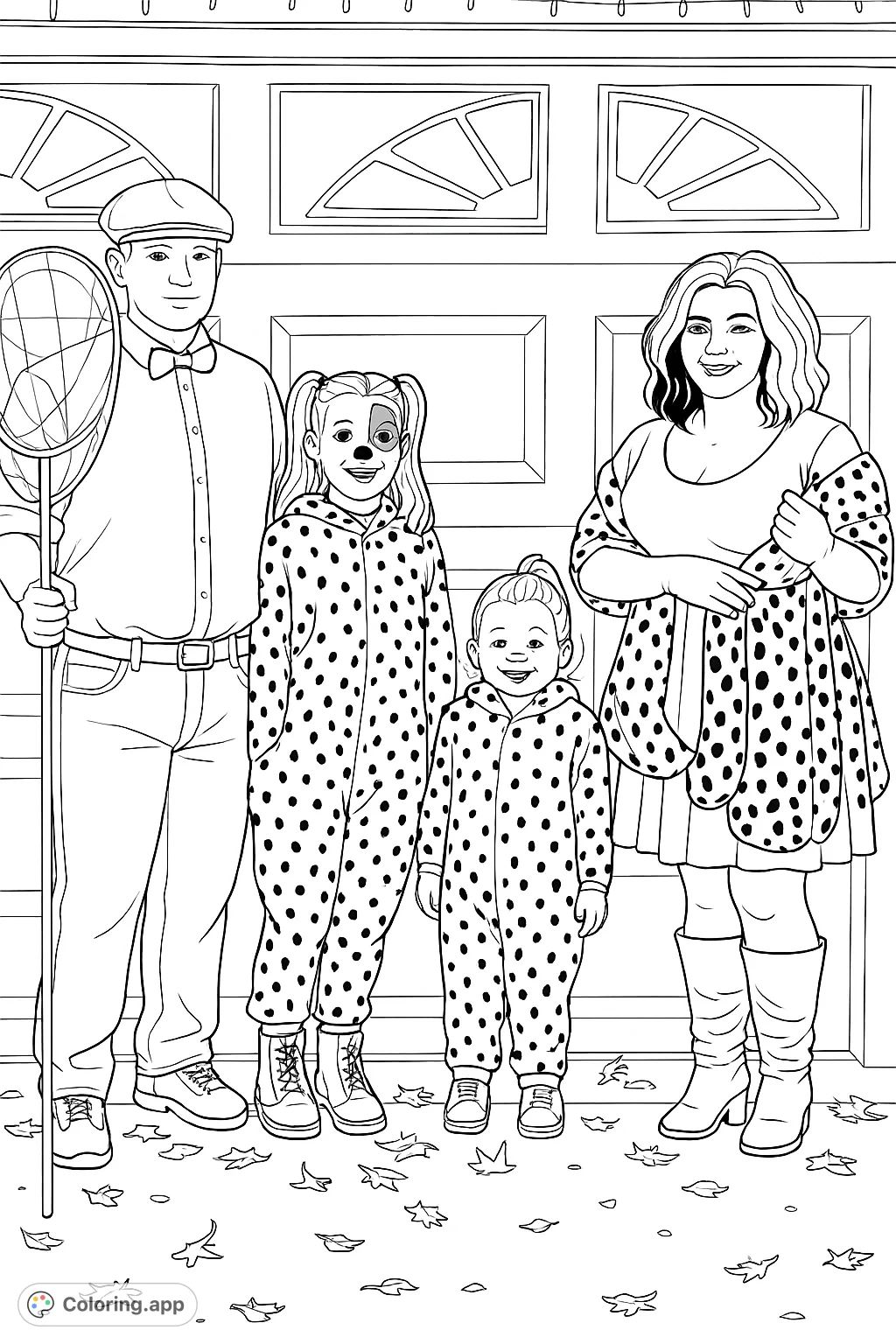 A joyful family of four dressed in themed costumes, featuring spotted patterns and unique accessories, standing before a garage door. Perfect for creative coloring fun.