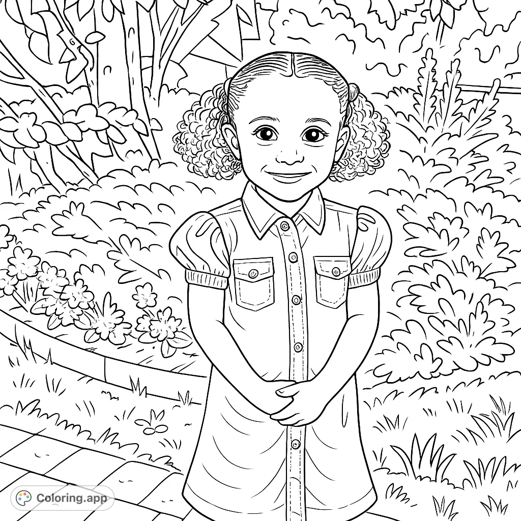 A delightful girl with curly pigtails smiles sweetly in her puff-sleeved dress, surrounded by lush garden foliage. Perfect for a joyful coloring experience.