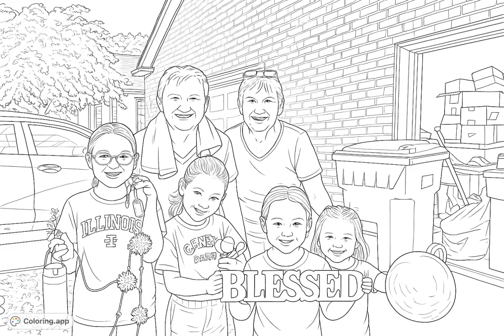 A heartwarming family portrait coloring page featuring two adult women and four children, a 'BLESSED' sign, and decorative lights in a residential setting.