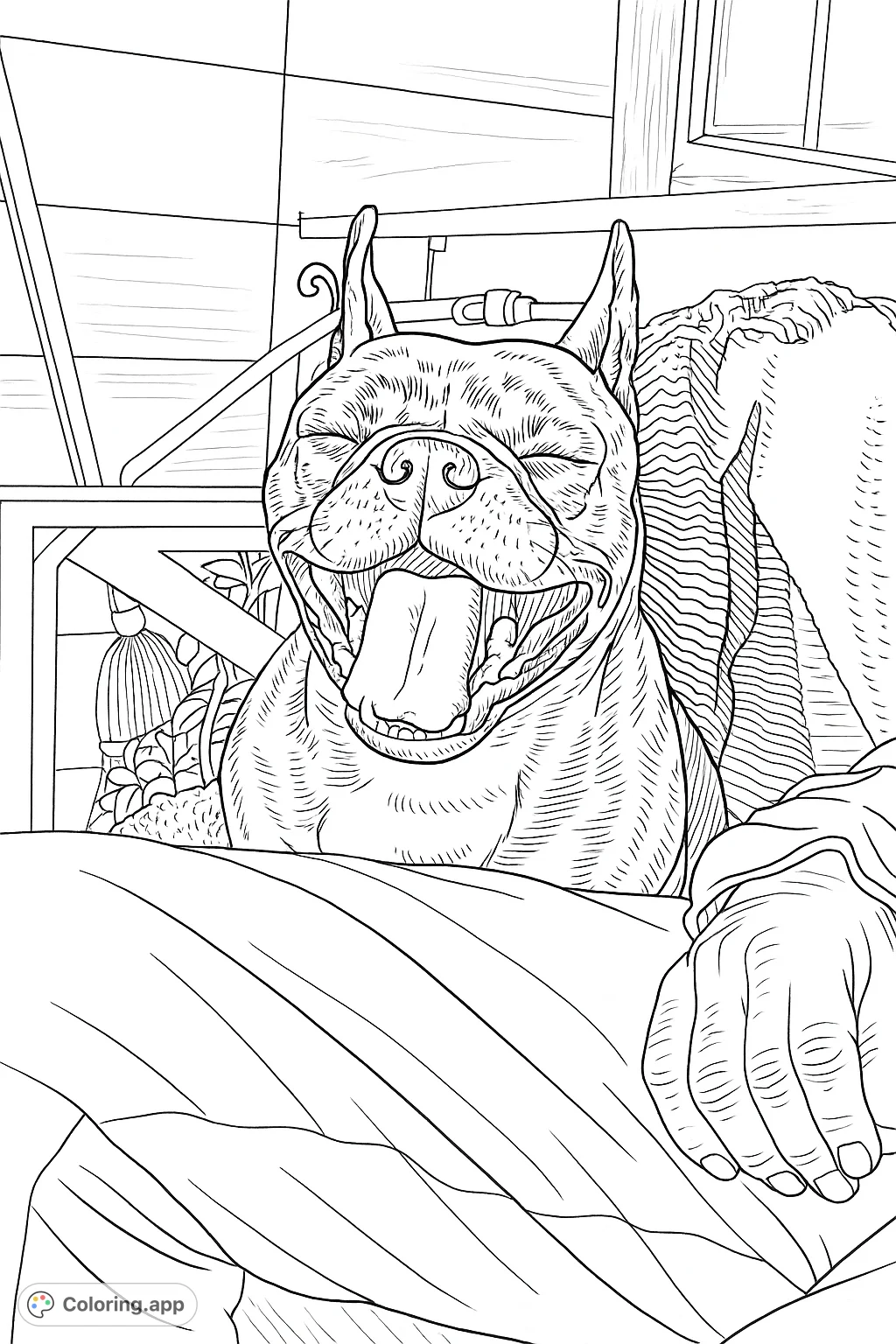 Capture the joyful expression of a yawning French Bulldog! This delightful coloring page features a charming dog with intricate patterns and a lively background.