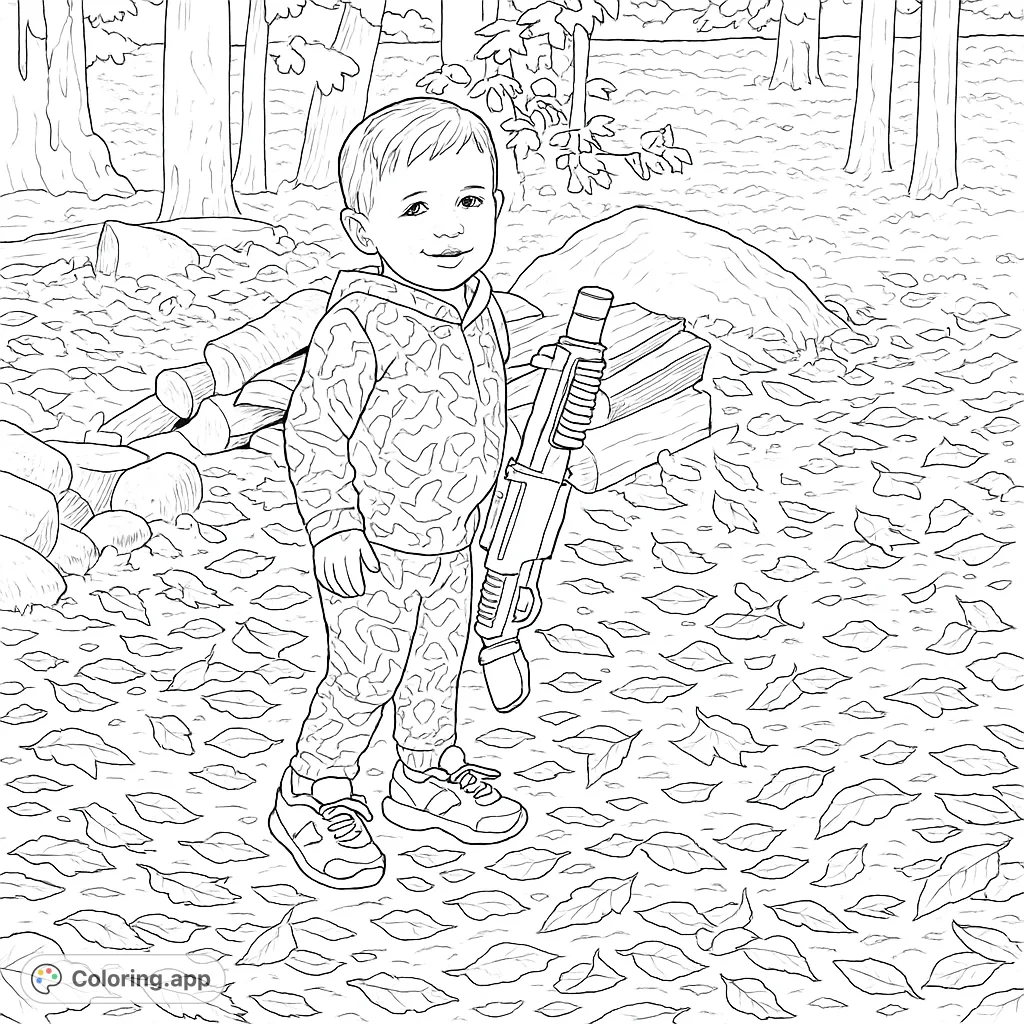 A playful child in a patterned tracksuit holds a toy blaster in a rustic outdoor scene. Many fallen leaves, tree trunks, and firewood add textural elements.