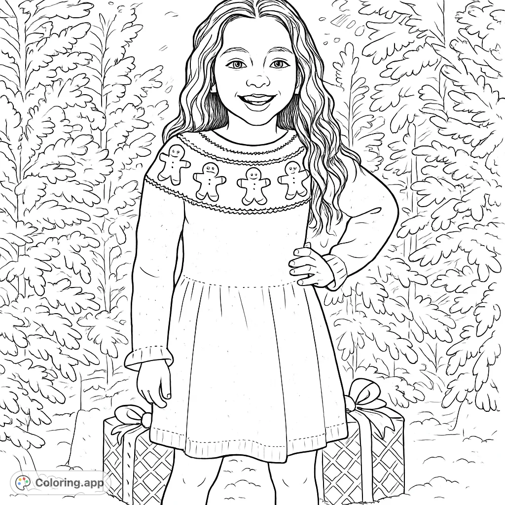 A joyful girl in a charming gingerbread figure sweater, standing amidst festive, illuminated trees and wrapped gifts, perfect for holiday coloring.