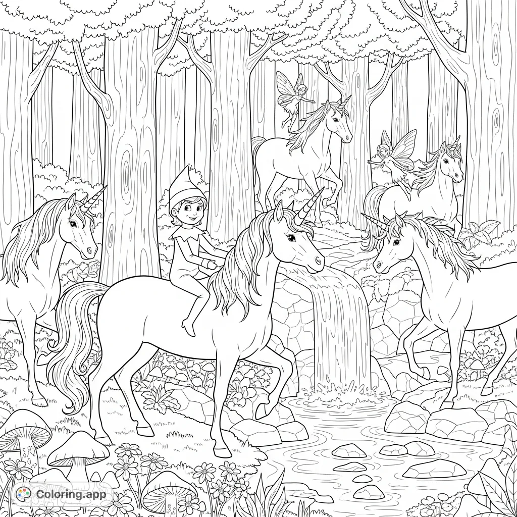 An enchanting scene unfolds in a magical forest: an Elf on the Shelf rides a unicorn, surrounded by more unicorns and graceful fairies near a waterfall.