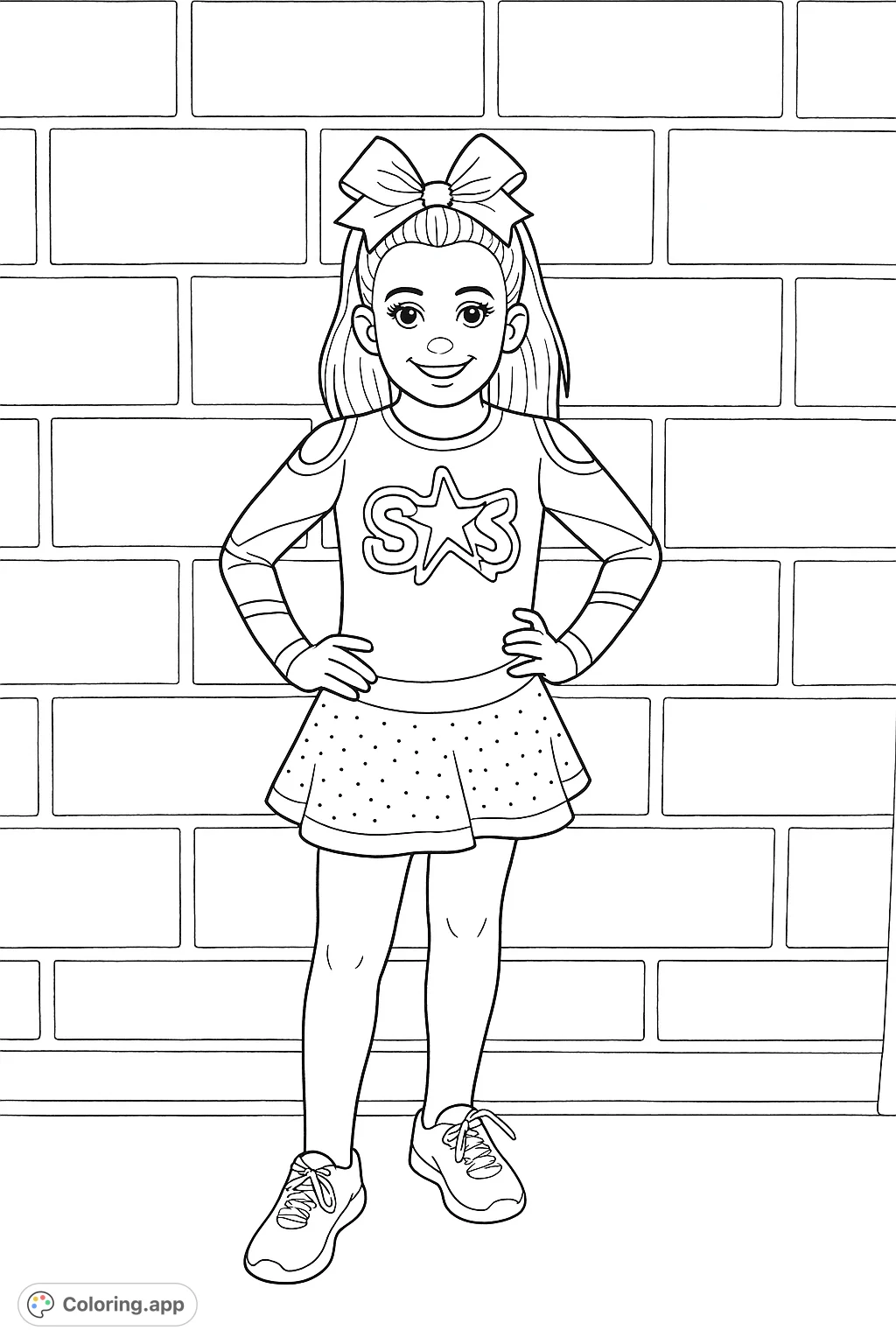 A cheerful young cheerleader in her uniform, posing confidently against a brick wall. Features a star emblem, a large bow, and detailed uniform accents.