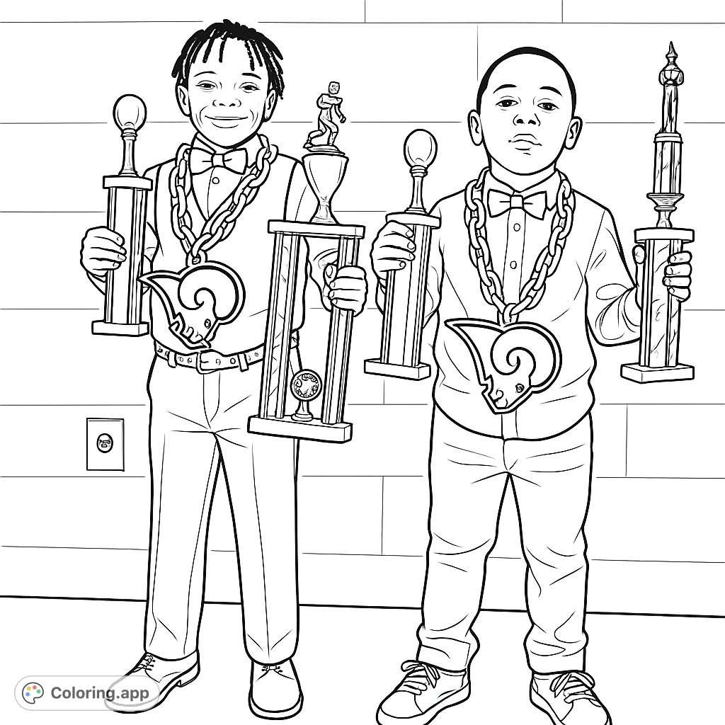 Two proud young boys display their impressive collection of trophies. Celebrate achievement and success with this rewarding scene, perfect for aspiring champions.