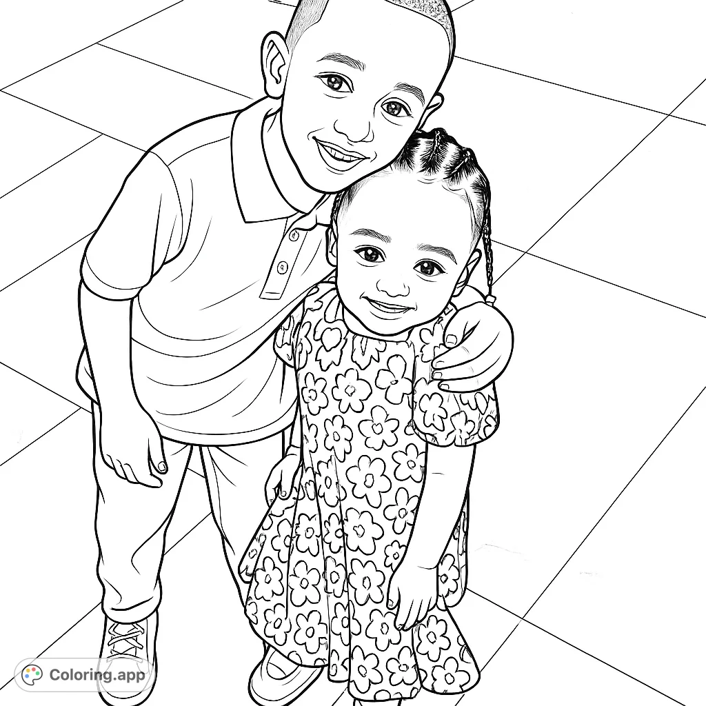 An endearing scene of a loving brother and sister embracing and smiling. Features a boy in a collared shirt and a girl in a patterned dress, ready for your creative touch.
