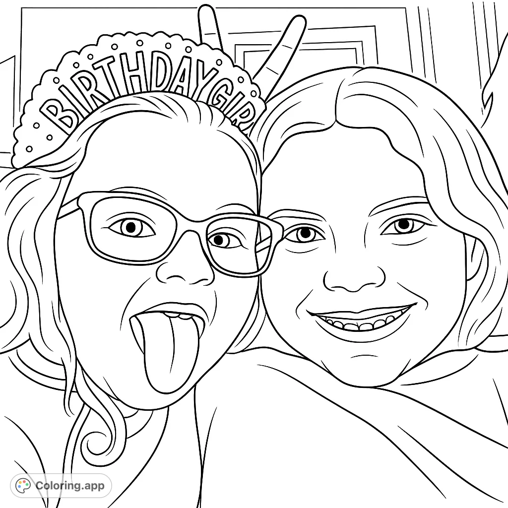 A delightful coloring page featuring two smiling girls, one with a 'Birthday Girl' headband and glasses, the other with braces, sharing a playful, joyful moment.