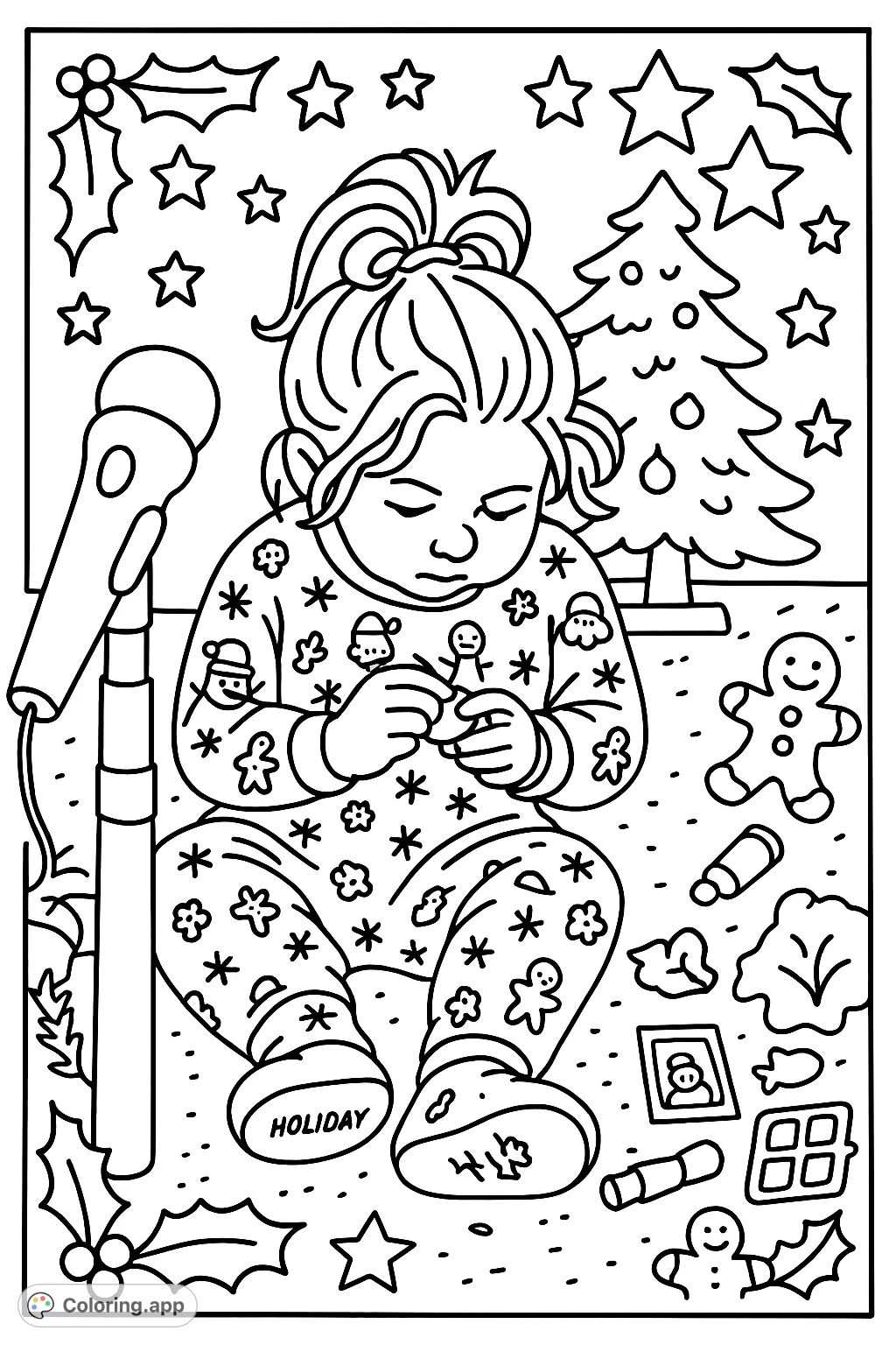 A cute cartoony toddler enjoys playtime on a festive Christmas coloring page, complete with a joyful gingerbread man and a decorative border. Perfect for kids!