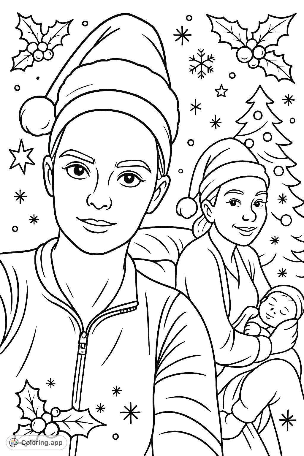 A cartoony, detailed coloring page featuring a family scene with three individuals, adorned with hats and seasonal decor, perfect for all ages.