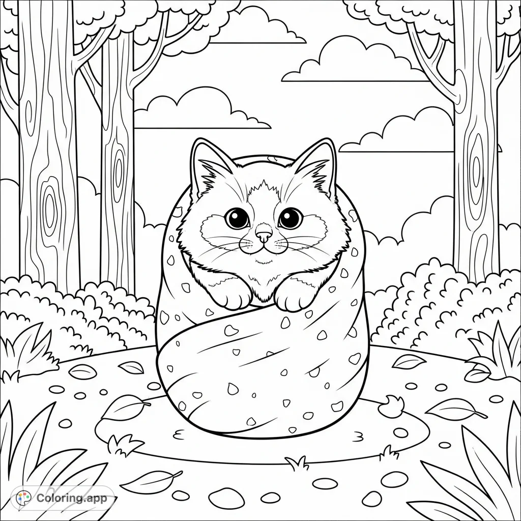 Snuggle up with this adorable kawaii kitten, wrapped like a burrito in a peaceful forest. Enjoy big, open spaces perfect for delightful coloring fun!