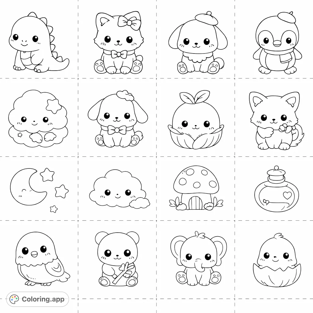 Discover a charming grid of 16 adorable kawaii characters, from pandas to dinosaurs, perfect for delightful coloring fun. Free printable coloring page!