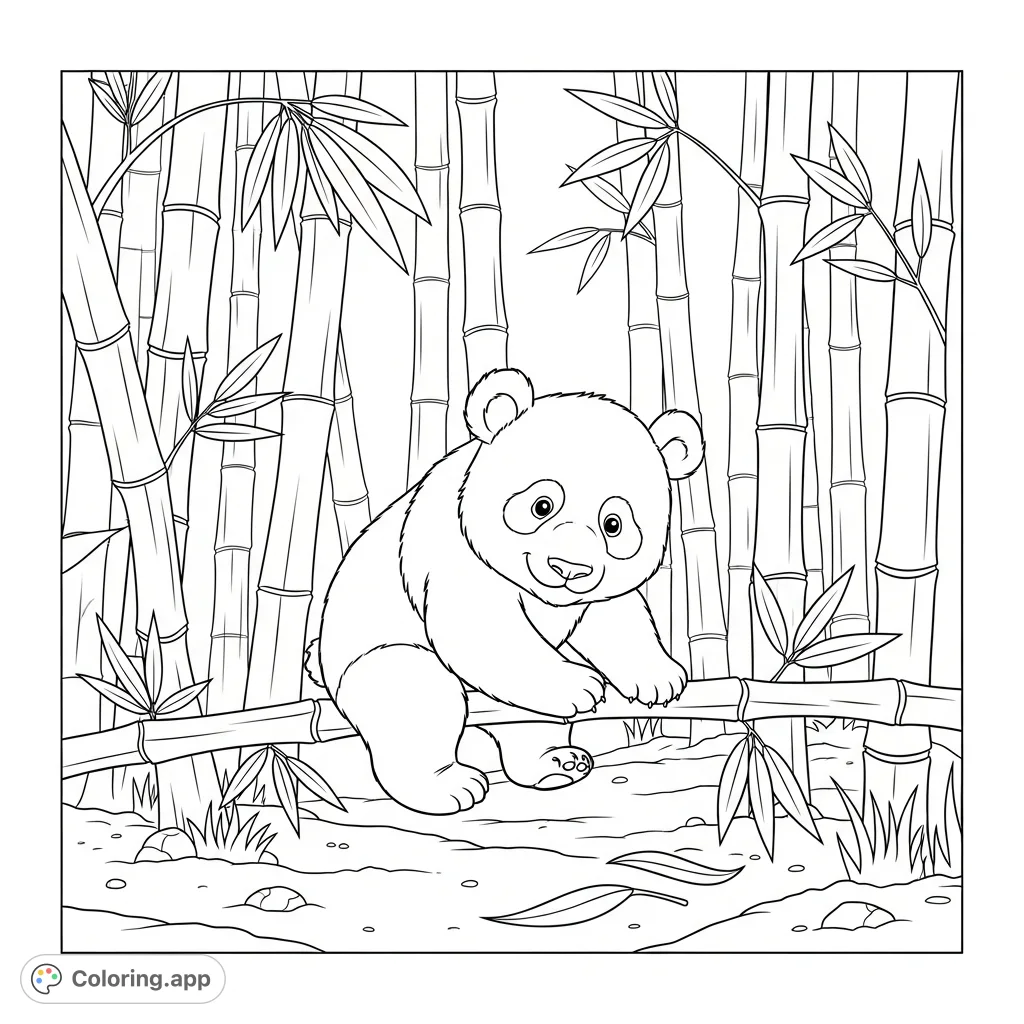 A delightful baby panda playing amongst towering bamboo stalks, a charming wild animals coloring page perfect for all ages. Free printable coloring page fun!