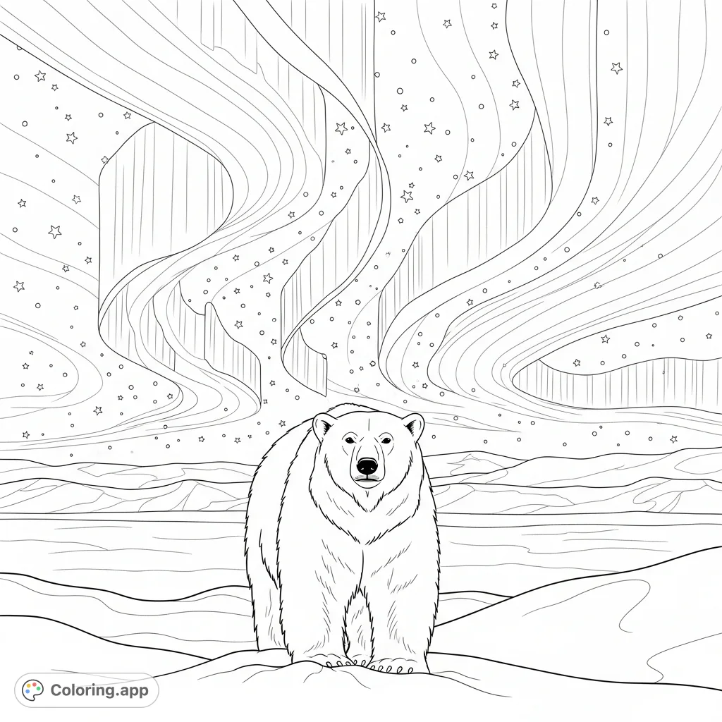 A stunning arctic scene featuring a majestic polar bear beneath the mesmerizing glow of aurora and a star-filled night sky, perfect for a free printable coloring page.