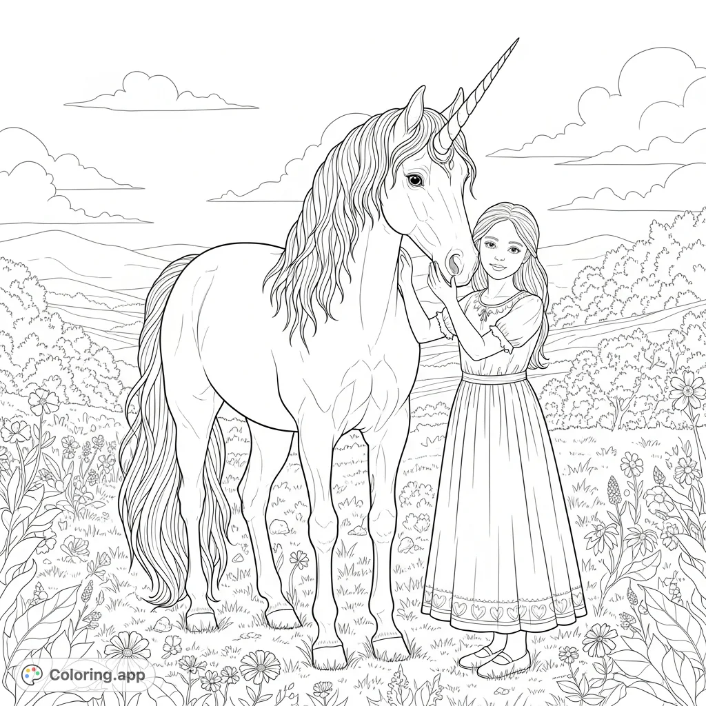A heartwarming unicorn coloring page featuring a graceful unicorn and a sweet girl in a serene natural setting, perfect for magical coloring fun.