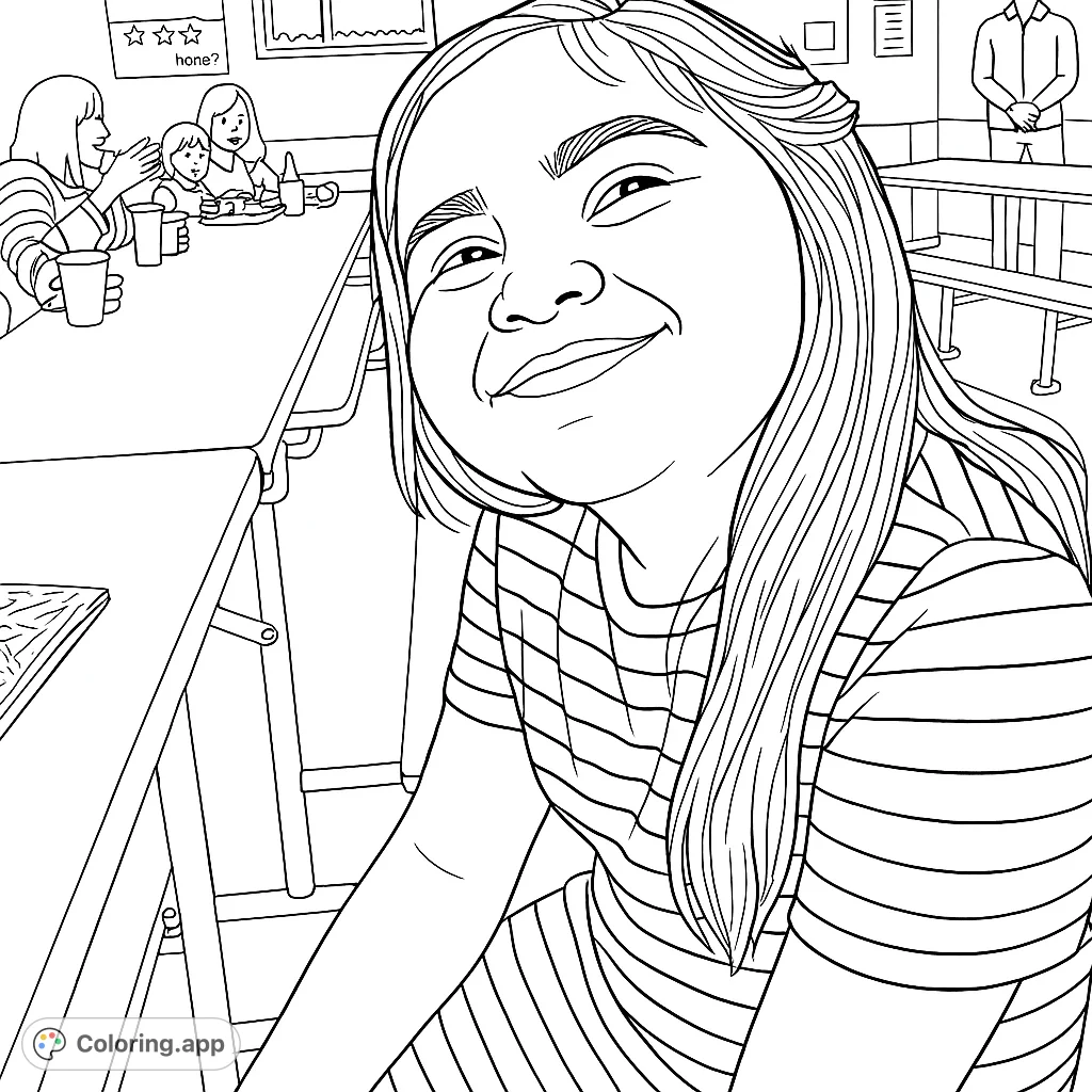 A cheerful young girl with a captivating smile, seated at a table in a bustling setting, perfect for bringing a moment of joy to life.