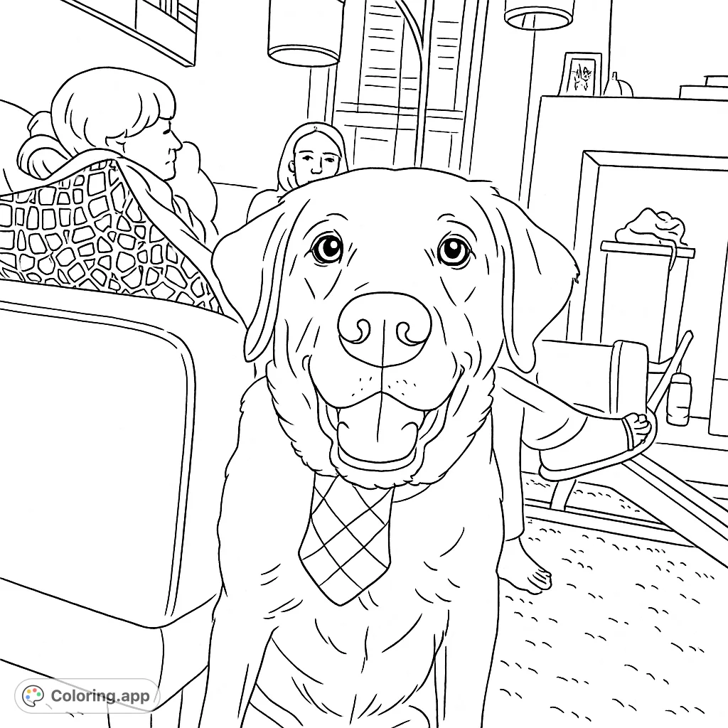 Get ready to color a dapper dog in a plaid tie, sitting proudly in a cozy living room scene. A charming and simple design for all ages to enjoy!