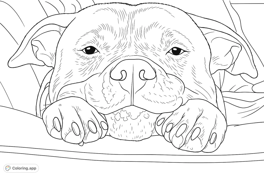 A heartwarming dog portrait coloring page featuring a relaxed dog resting its chin on its paws. Perfect for animal lovers and mindful coloring.