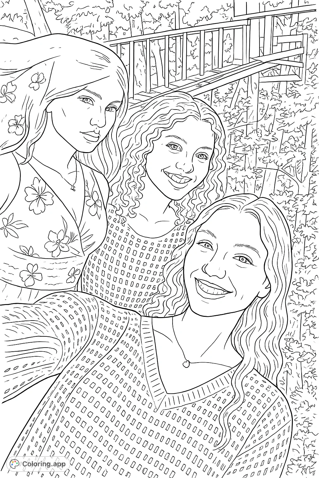 Capture the bond of friendship with this detailed coloring page featuring three young women in an outdoor setting, perfect for creative expression.