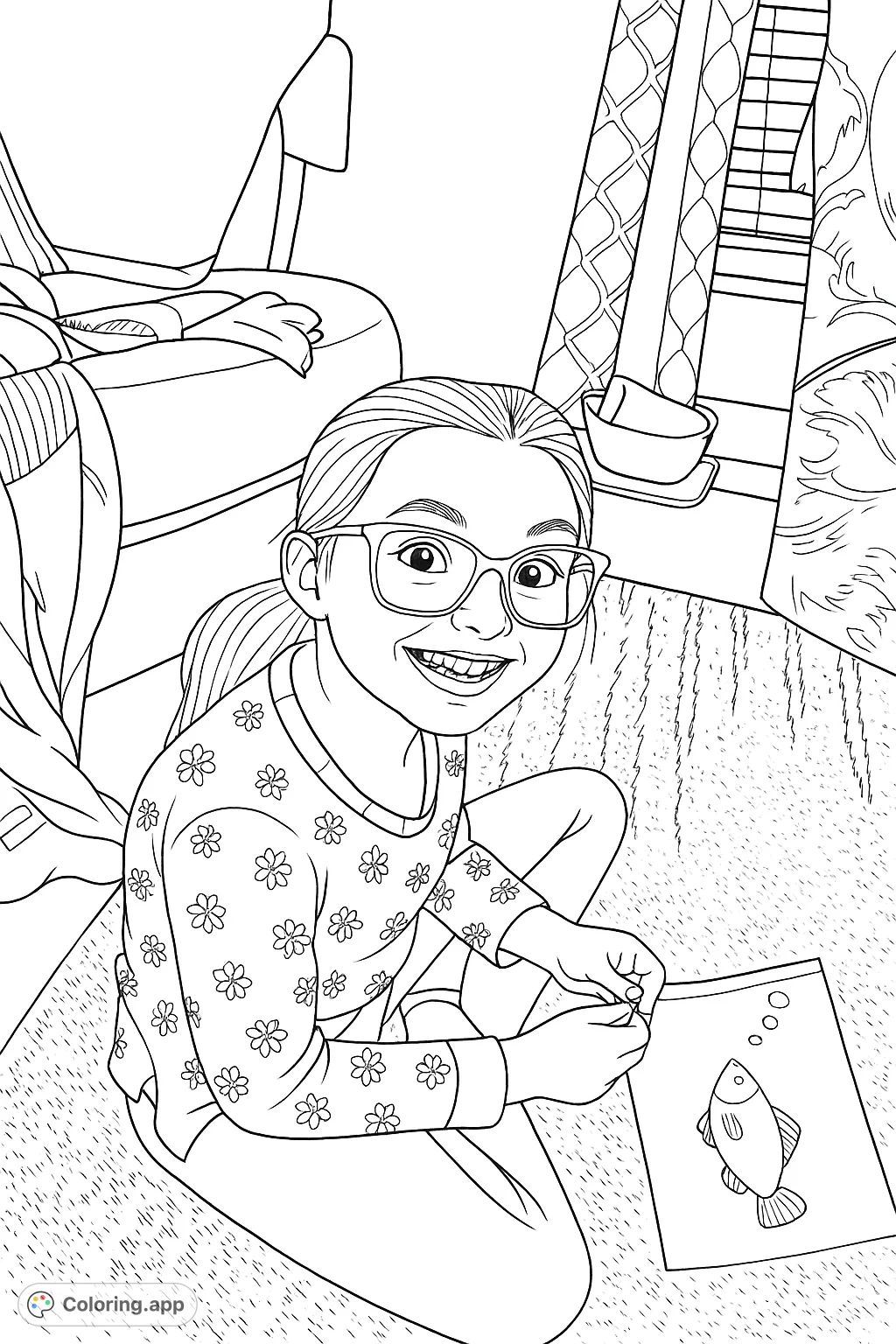 A delightful coloring page featuring a smiling girl with glasses, seated on a textured rug, holding a drawing of a fish. Perfect for creative relaxation.